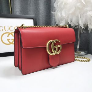 Alternative view of 360 Review... [Victory] New Arrival! Authentic Quality GG Marmont Chain Shoulder Bag features a structured silhouette with a flap closure, accented by double G bronze hardware. Crafted from imported South African leather! Exquisite craftsmanship, imported hardware, ultra-versatile style. Model: 431777 Bright Red Leather, Dimensions: 28x16x8cm