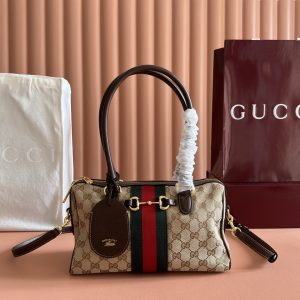 p790💋💋💋【Authentic Retail Packaging】Gucci GG Mini Handbag. This reimagined classic silhouette features the brand's signature woven canvas details and soft GG Supreme material.Dark brown leather trim and light gold-tone hardware add the perfect finishing touch. Model: 866732, Color: Brown Canvas, Dimensions: 28*15*10cm
