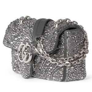 Alternative view of The iconic GG Marmont collection masterfully blends the classic double G motif with silver-tone faceted chain straps to create this fashion-forward handbag design. Crafted from gray nubuck leather and adorned with crystal embellishments, this shoulder bag exudes refined elegance.Gray nubuck leather with crystal-embellished quilted V-pattern Silver-tone hardware Black viscose lining Double G interior: 1 open pocket Slide chain strap doubles as shoulder strap (55cm height) Spring-loaded clasp closure Model: 837280.Dimensions: 22 cm (W) x 12.5 cm (H) x 6 cm (D) Weight: Approx. 0.55 kg Color: Gray/Crystal Made in Italy