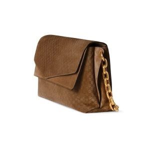 Alternative view of Large 💕 This handbag blends contemporary silhouettes with the brand's iconic motif. Featuring fluid lines, it pairs a antique gold-tone chain adorned with circular interlocking double G details with a two-tiered gusset design offering ample interior storage.Brown GG embossed suede with antique gold hardware. Brown cotton-linen blend lining. Interior: Two compartments, one open pocket. Chain shoulder strap height: 8 cm. Detachable, adjustable leather shoulder strap (height: 42 cm). Magnetic snap closure. Style: 857362.Dimensions: 36 cm (W) x 19.5 cm (H) x 9.5 cm (D) Weight: Approx. 1.1 kg Color: Brown suede/embossed