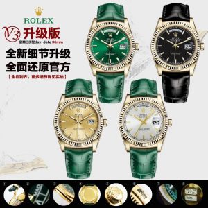 Alternative view of 【U.S. President】DD, who once adored wearing Rolex! Rolex Datejust Series Day-Date 🎮XF3—it's the Blue Balloon of Rolex! DD Weighted Edition [v3 Factory-Upgraded Version] now in stock!The most iconic series in Rolex, none other than the DD! Rolex Day-Date Series 118135/118138/118139 [Full Color Range]! To maintain official dimensions and thickness, it features the 2836-2 automatic mechanical movement, with an exclusive custom integrated day-date disc for instant jumping! Presented in brand-new 904L steel!【Upgrade 1】Crown. Positioned identically to the official version with a prominent design and smooth, tapered finish matching the bracelet! 【Upgrade 2】Bracelet. Front side features authentic color matching the genuine article. Back side displays the official code 346763, with font, color, and bracelet lines perfectly synchronized to the official version! 【Upgrade 3】Crystal. The anti-counterfeit logo on the sapphire crystal features Rolex's new dotted emblem, technically engraved within the crystal's center.🎮【Upgrade 4】Case Back. Engravings on all four lug angles match the genuine version, with distinct lettering for white, yellow, and rose gold cases! Both sandblasted and polished sections on the case back are meticulously replicated!【Upgrade 5】Side Profile: Case curvature and overall thickness are proportionally identical to the official model. Crown features the official two-tone waterproof emblem, and the side retains the authentic QR code sticker!The "Golden Rolex" is synonymous with the Rolex Day-Date, commonly abbreviated as DD. Its full official name is the Oyster Perpetual Day-Date. The earliest iteration of the DD was likely the President series, as the [U.S. President] was known for his fondness for wearing Rolex's solid gold DD, propelling it to fame and earning it the nickname "President's Watch."Four simple words encapsulate this timepiece's defining features: waterproof, automatic, date, day. Limited stock available—act fast! 🎮 Sanjie Exquisite presents this meticulously crafted men's mechanical watch. SJ delivers ultra-realistic product photography.