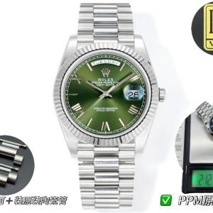 PPM Mods Weighted DD - Ceiling-Level 'Rolex DD Day-Date' PPM's replica DD redefines the weighted version, featuring genuine original molds for strap color, dial color, watch weight, and thickness. The strap incorporates ceramic tubes compatible with authentic models—this is not a compromised replica, but a comprehensive leap in materials and craftsmanship!Rejecting "market-grade" imitations, every gram of weight (precise 209g-212g) and every millimeter of thickness fights for the dignity of the original. Bracelet: Authentic 3mm thickness Weight: Approx. 107g (non-extended) 🈚 Ceramic tube version ±1-2g.Case: Original thickness: 12.3mm (non-thickened) Weight: Original 3255: 102g; Optional 2836: ±1g. Full series total weight: 209g-212g. ⚠️"Excludes diamond-bezel models." Authentic thickness achieved through monolithic forging of high-density aerospace-grade military alloy, with hardness rivaling 18K gold!Exclusive vacuum ion-plated gold technology delivers a luster infinitely close to 18K gold's unique warm texture, offering scratch resistance and durability. Precisely replicates every link's shape, thickness, and curvature of the genuine strap. Dial: Features original 3D ink, matching the top-tier dial craftsmanship of the factory. Sharp hands, full hour markers, and uniform luminescence.Movement options: Premium Edition 2836 or 3255 integrated movement (±72-hour power reserve) available for your selection!