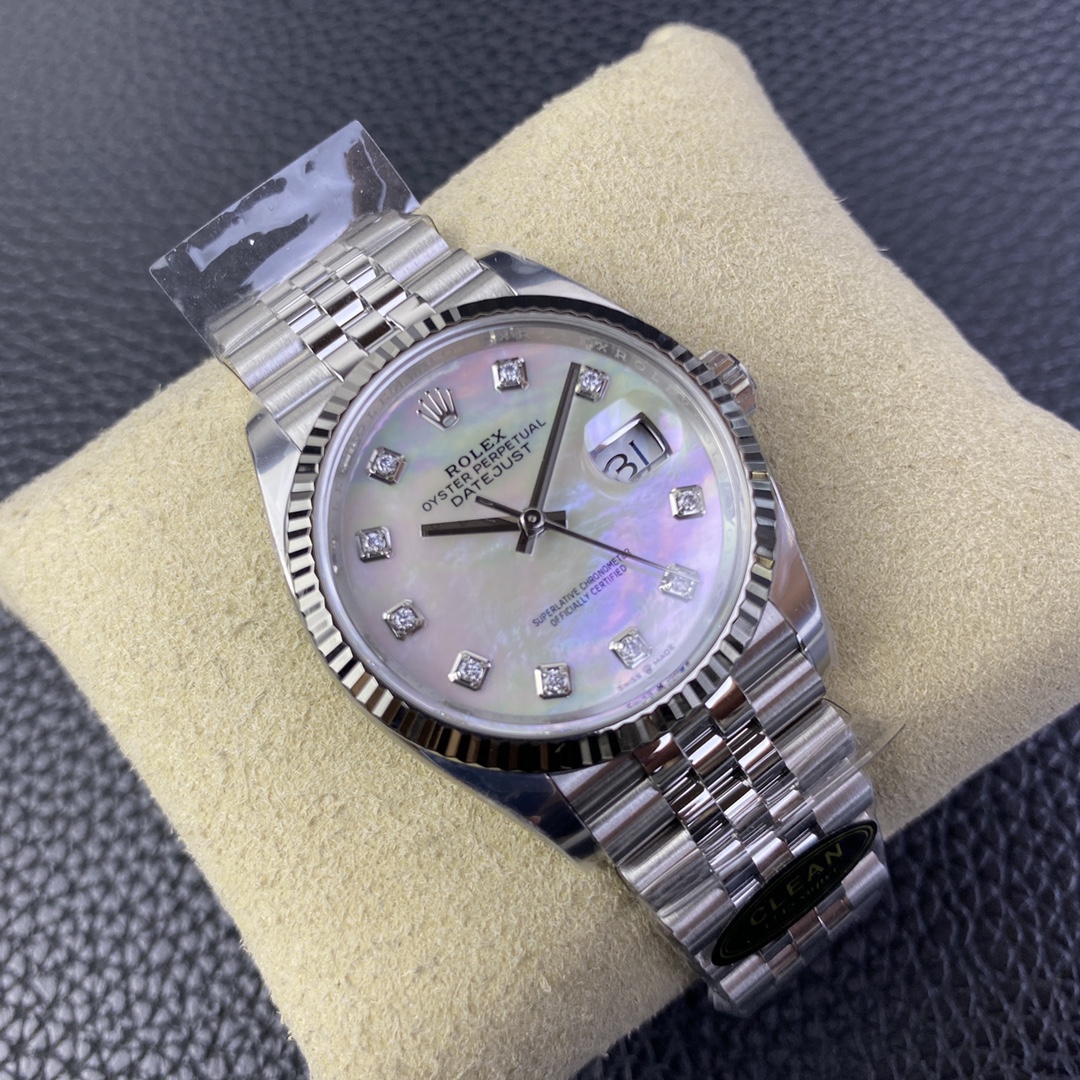 Clean Factory/C Factory Rolex 126234 36mm Datejust Diamond-Set Model Now Shipping Great news for those with smaller wrists! This release features the 36mm Datejust, a perfect 1:1 replica molded with the 3235 movement. For the first time, it comes in blue/black/green/white Roman numeral dials—all authentic replica molds. It maintains the same quality as the 41mm Datejust previously launched by C Factory.A series of authenticity comparisons will follow. For the green dial's color reference, see the 41mm green model comparison. Case and bracelet remain crafted from 904L stainless steel. The highly anticipated palm leaf pattern will be released soon—stay tuned! - Image 2