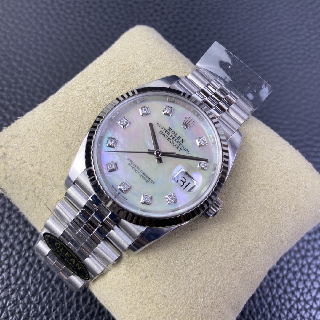 Clean Factory/C Factory Rolex 126234 36mm Datejust Diamond-Set Model Now Shipping Great news for those with smaller wrists! This release features the 36mm Datejust, a perfect 1:1 replica molded with the 3235 movement. For the first time, it comes in blue/black/green/white Roman numeral dials—all authentic replica molds. It maintains the same quality as the 41mm Datejust previously launched by C Factory.A series of authenticity comparisons will follow. For the green dial's color reference, see the 41mm green model comparison. Case and bracelet remain crafted from 904L stainless steel. The highly anticipated palm leaf pattern will be released soon—stay tuned! - Image 3