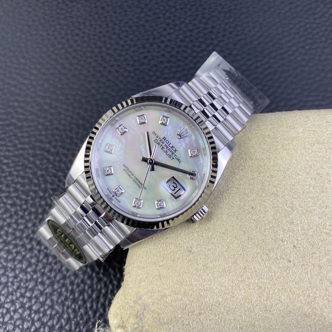 Clean Factory/C Factory Rolex 126234 36mm Datejust Diamond-Set Model Now Shipping Great news for those with smaller wrists! This release features the 36mm Datejust, a perfect 1:1 replica molded with the 3235 movement. For the first time, it comes in blue/black/green/white Roman numeral dials—all authentic replica molds. It maintains the same quality as the 41mm Datejust previously launched by C Factory.A series of authenticity comparisons will follow. For the green dial's color reference, see the 41mm green model comparison. Case and bracelet remain crafted from 904L stainless steel. The highly anticipated palm leaf pattern will be released soon—stay tuned! - Image 4