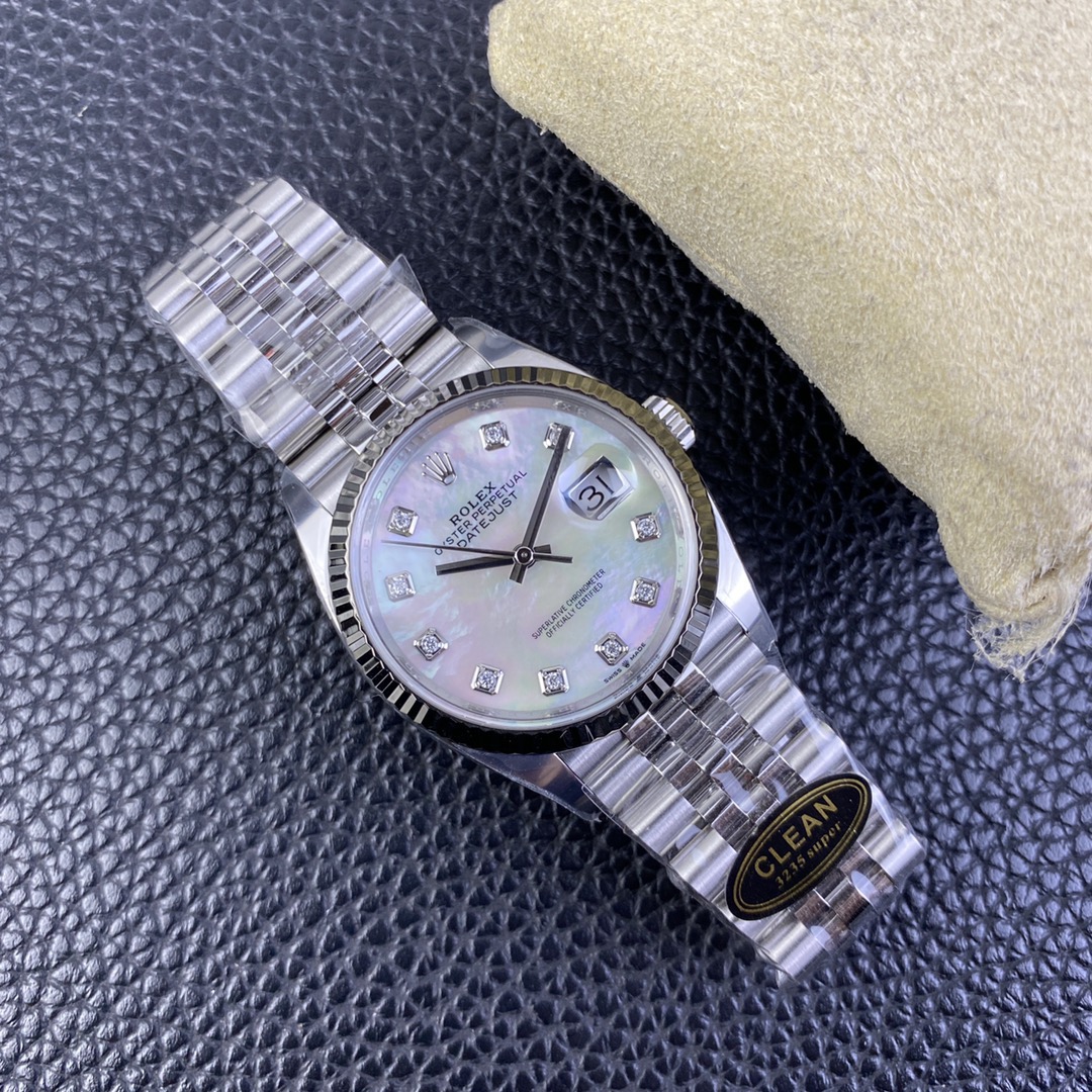 Clean Factory/C Factory Rolex 126234 36mm Datejust Diamond-Set Model Now Shipping Great news for those with smaller wrists! This release features the 36mm Datejust, a perfect 1:1 replica molded with the 3235 movement. For the first time, it comes in blue/black/green/white Roman numeral dials—all authentic replica molds. It maintains the same quality as the 41mm Datejust previously launched by C Factory.A series of authenticity comparisons will follow. For the green dial's color reference, see the 41mm green model comparison. Case and bracelet remain crafted from 904L stainless steel. The highly anticipated palm leaf pattern will be released soon—stay tuned! - Image 9