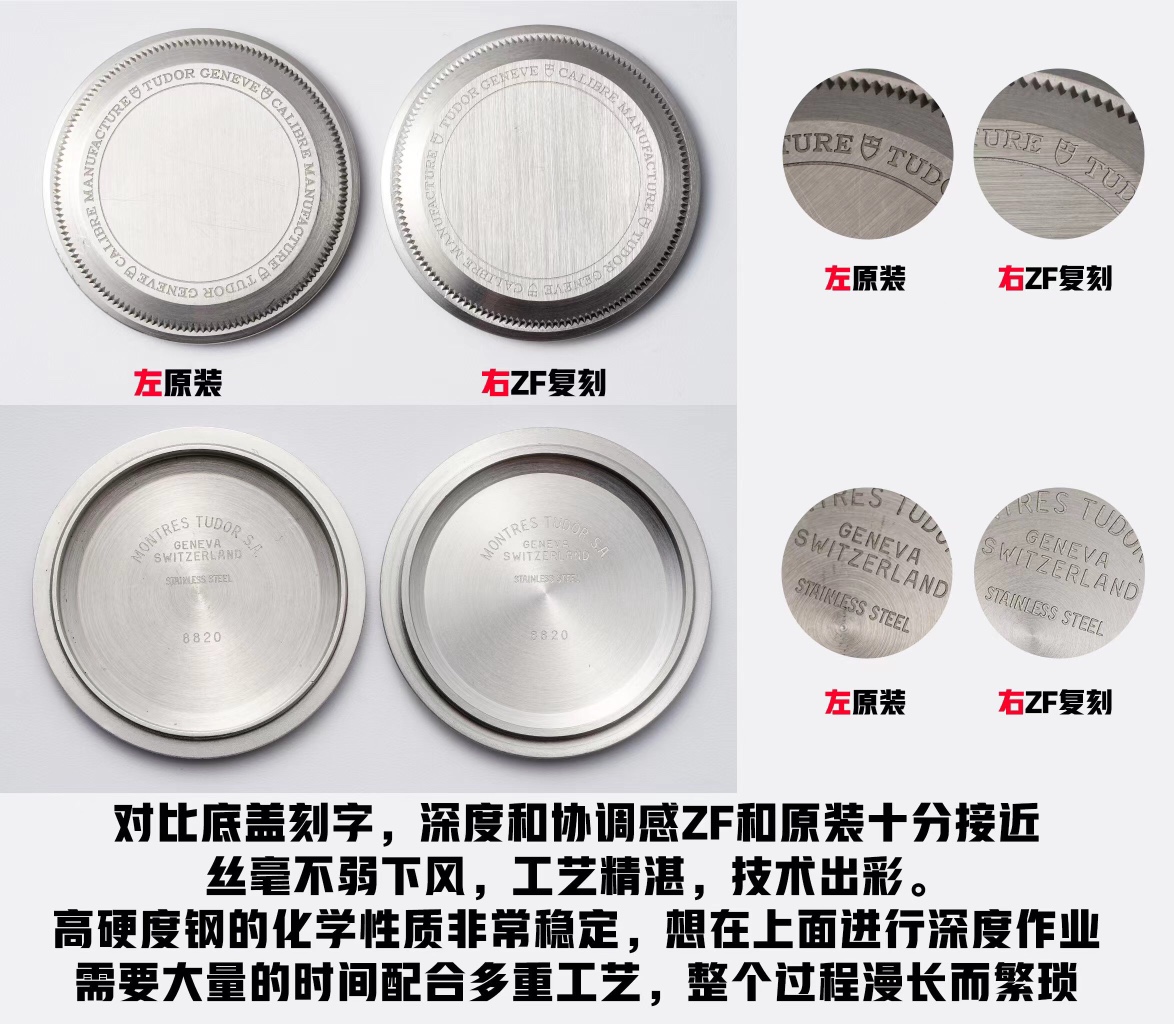 Original comparison image. ZF pioneers the "rebirth" of vintage Rolex watches—the Tudor Black Bay Professional 39MM achieves ultimate comfort with its case. The stainless steel case features dual finishes: brushed on the front and polished on the sides, mirroring Rolex's signature case treatment.Notably, Tudor has redesigned the crown for this model. It sits flush with the middle case, concealing the crown stem for easier grip and time adjustment.Featuring Tudor's signature dial design, the hour markers are crafted as solid blocks using non-radioactive Super-Luminova® luminous paint. The absence of metal borders enhances simplicity while delivering brighter nighttime visibility. Beyond standard local time display, this watch incorporates a GMT function indicated by a longer yellow snowflake-style hand paired with a fixed 24-hour bezel.The instant-jump date window at 3 o'clock synchronizes with the independently adjustable hour hand, offering practical daily functionality. Furthermore, this watch features Tudor's new "T-fit" quick-adjust buckle with a "tortoiseshell" design. This mechanism offers five adjustment holes, allowing up to 8mm of length adjustment to provide a more comfortable fit for wearers with varying wrist sizes.The 24-hour bezel on this new model, aside from minor differences in font and other details, is virtually identical to the Rolex Ref. 1655. This includes perfectly replicated character spacing and the brushed finish on the bezel. ZF brings even more delight to enthusiasts who love vintage Rolex watches! - Image 4