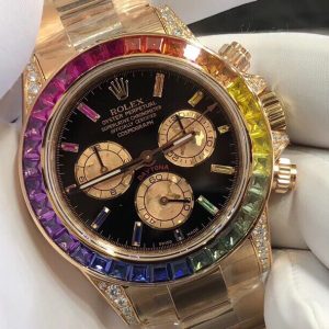 Rolex Rainbow 🌈 Daytona Series Men's 40mm Case in 18k Rose Gold Thick Gold Band Set with Genuine South African Diamonds 💎💎💎 Sand Gold Dial Best Value Synthetic Gemstone The only downside: It's a bit pricey.