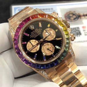 Alternative view of Rolex Rainbow 🌈 Daytona Series Men's 40mm 18k Rose Gold Case Thick Gold Set with Genuine South African Diamonds 💎💎💎 Sand Gold Dial Best Value Synthetic Gems The only downside: It's a bit pricey.