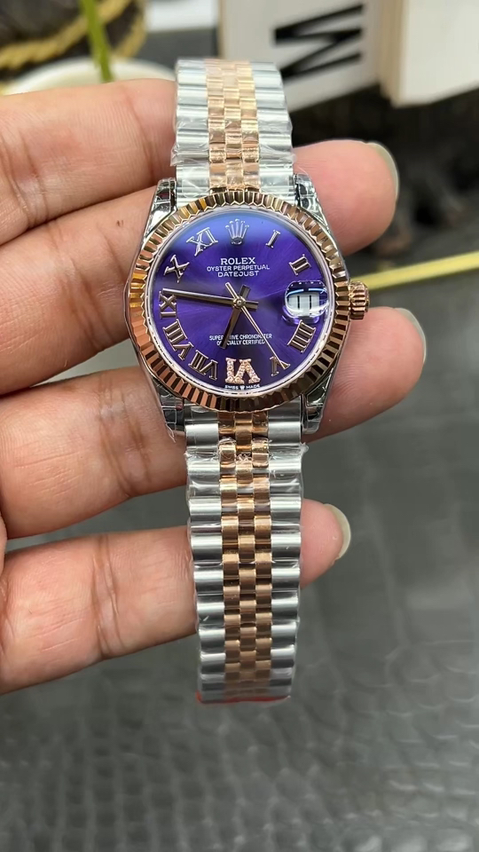 GS Rolex Datejust Series / 31mm Rose Gold Case with Purple Roman Dial / Powered by Hangzhou Cal.2236 Automatic Mechanical Movement