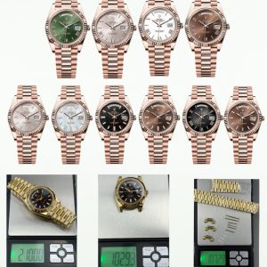 PPM Mods Weighted DD - Ceiling-Level 'Rolex DD Day-Date' PPM's replica redefines the weighted DD version, featuring genuine original molds for strap color, dial color, watch weight, and thickness. The strap incorporates ceramic tubes compatible with authentic models—this is not a compromised replica, but a comprehensive surpassing of materials and craftsmanship!Rejecting "market-grade" imitations, every gram of weight (precise 209g-212g) and every millimeter of thickness fights for the dignity of the original. Bracelet: Authentic 3mm thickness Weight: Approx. 107g (non-extended) 🈚 Ceramic tube version ±1-2g.Case: Original thickness: 12.3mm (non-thickened) Weight: Original 3255: 102g; Optional 2836: ±1g. Full series total weight: 209g-212g. ⚠️"Excludes diamond-set models." Authentic thickness achieved through monolithic forging of high-density aerospace-grade military alloy, hardness rivaling 18K gold!Exclusive vacuum ion-plated gold technology delivers a luster infinitely close to 18K gold's signature warm texture, offering scratch resistance and durability. Precisely replicates every link's shape, thickness, and curvature of the genuine strap. Dial: Features original-grade raised ink, matching the top-tier dial craftsmanship of the factory. Sharp hands, full hour markers, and uniform luminescence.Movement options: Premium Edition features the integrated 2836 or 3255 movement (±72-hour power reserve) for your selection!