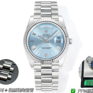 PPM Mods Weighted DD - Ceiling-Level 'Rolex DD Day-Date' PPM's replica redefines the weighted DD version, featuring genuine original molds for strap color, dial color, watch weight, and thickness. The strap incorporates ceramic tubes compatible with authentic models—this is not a compromised replica, but a comprehensive leap in materials and craftsmanship!Rejecting "market-grade" imitations, every gram of weight (precise 209g-212g) and every millimeter of thickness fights for the dignity of the original. Bracelet: Authentic 3mm thickness Weight: Approx. 107g (non-extended) 🈚 Ceramic tube version ±1-2g.Case: Original thickness: 12.3mm (non-thickened) Weight: Original 3255: 102g; Optional 2836: ±1g. Full series total weight: 209g-212g. ⚠️"Excludes diamond bezel models." Authentic thickness achieved through monolithic forging of high-density aerospace-grade military alloy, hardness rivaling 18K gold!Exclusive vacuum ion-plated gold technology delivers a luster infinitely close to 18K gold's signature warm texture, offering scratch resistance and durability. Precisely replicates every link's form, thickness, and curvature of the genuine strap. Dial: Features original-grade raised ink, matching the top-tier dial craftsmanship of the factory. Sharp hands, full hour markers, and uniform luminescence.Movement options: Premium Edition 2836 or 3255 integrated movement (±72-hour power reserve) available for your selection!