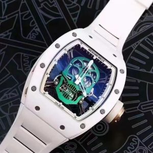YS Richard Skull Ceramic Case Genuine Tourbillon Skull Series  Richard Mille RM52-01  Genuine Tourbillon, reinterpreting the essence of RICHARD MILLE's skull motif. Overcoming bugs across multiple versions, this allows die-hard fans to own a high-quality replica featuring accurate dimensions, authentic movement, and meticulous detailing.Reasons to Own: 1. Near-identical dimensions: Official: 50*43*16mm; YS Factory: 49.8*44.3*16.4mm;2. Authentic Bearings: The ruby in the skull's mouth serves as the tourbillon's genuine bearing, not mere decoration. The gem aligns with the tourbillon's central axis encased by the upper and lower jaws, evoking the image of swallowing an energy sphere and capturing the sci-fi aesthetic intended by the original design.3. Meticulous Details: The inner left wall of the case cover bears the RM052 stamp identical to the genuine piece. The right eye gear matches the original in size and depth. The central gemstone on the forehead exhibits a vibrant, translucent red hue. Features include a brushed buckle and a rubber strap made from imported Thai material;4. Movement Alignment: Thanks to the tourbillon's identical position and size to the original, the movement's operation is clearly visible from the back—below the skull's occipital region, with the tourbillon's gemstone-aligned axis in full view. From the front, the black balance wheel is precisely obscured by the skull's lower jaw, leaving only the escape wheel visible beneath the skull's base.5. Inner and Outer Excellence: The movement is a custom-made genuine tourbillon caliber from Shanghai Watch Movement Factory. Each watch undergoes rigorous QE timing tests on a high-intensity simulator and features enhanced water resistance. JB Factory—Crafted with Heart and Soul! This is another masterpiece following the Double Tourbillon, RM001, Roger Dubuis Royal, RM053, Rolex Tourbillon, and Classic Fusion!Each YSFactory tourbillon comes with a complimentary genuine leather protective pouch.