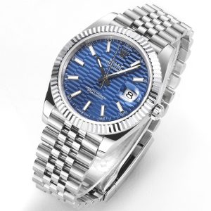 Alternative view of Rolex Datejust Series 41mm with Water Wave Pattern Sets the Standard for Classic Timepieces. 1: Synchronized with the original, featuring the 3235 integrated movement. 2: Crafted entirely from 904L steel, with flawlessly polished curves on the case sides and matching original thickness.3: Features the iconic dog-tooth bezel. The platinum-plated bezel exhibits a radiant finish nearly indistinguishable from the genuine article, with crisp, clean triangular grooves. 4: The crystal employs genuine sapphire glass, enhancing transparency. Anti-reflective coating ensures effortless readability while maintaining exceptional hardness. DDF—Crafting Timeless Excellence. Your Appreciation is Invited.