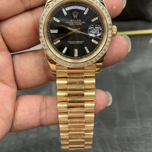 CBD Rolex Day-Date / 40mm Black Ice Sugar Custom Edition with Large Moissanite Bezel ➕ 18K Gold-Plated Case / Seagull 3255 Automatic Mechanical Movement / Super Weighted 207g