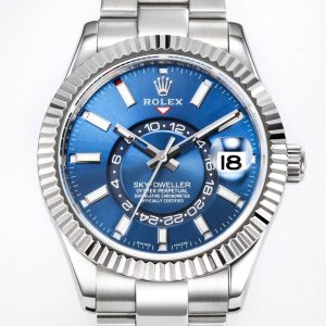 Upgraded Rolex Sky-Dweller! Stunning Details: [Case] 42mm diameter, solid and reliable, exuding elegance! Bezel features Rolex Ring Command triangular grooves; rotating outer ring adjusts month function! Scratch-resistant sapphire crystal with anti-reflective convex magnified date window. [Bracelet] Oystersteel!Triple-link bracelet with Oysterlock clasp and 5mm Easylink extension system. Dial: Sunburst finish with red dot at 12 o'clock for month indication. Movement: Automatic mechanical 9001 caliber. Functions: Date display / Month display / Annual calendar / Dual time zone!