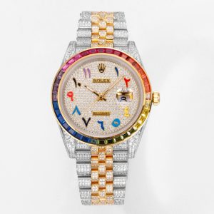 MS Factory Rolex Datejust 1263341-0018 with Full Diamond Bezel - 904L Stainless Steel Diamond-Set Special Edition [Bezel] Synthetic gemstones—currently the finest replica available, interchangeable with genuine parts [Case] 41mm diameter matching original dimensions, crafted from premium 904L stainless steel and densely set with top-tier Swarovski crystalsAn interpretation of ultimate luxury, dazzling and radiant, charm unfolding. [Bracelet] Crafted from 904L stainless steel, the bracelet is encrusted with exquisite diamonds, creating a radiant effect and infinite charm! [Movement] Features the latest 3235 integrated movement, identical to the Cleanan C factory version!