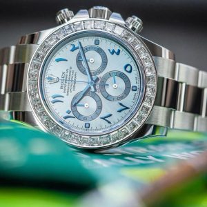 PPM Top-Tier ⚠️ Rolex Top-Tier Moissanite Bezel "Middle East" Ice Blue Daytona, Model 116506! Current versions of the Ice Blue Daytona feature either ceramic or diamond bezels, with options for standard engraving, diamond-set engraving, and Arabic numerals.