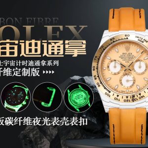 TW Factory (Updated Custom High-Intensity Luminous Case + Luminous Buckle) ROLEX Cosmograph Daytona Series Carbon Fiber Luminous Case Custom Edition. This timepiece offers lightweight comfort with a rugged exterior. Each watch features a uniquely patterned carbon fiber material. 【Case】Dimensions 40x12.4mm perfectly match the original. TW Factory masterfully captures the distinctive essence of carbon fiber Rolex. Market-exclusive construction: entire case, bezel, and caseback crafted from high-composite carbon fiber infused with ultra-bright luminous powder. Meticulous hand-polished chamfers on every detail deliver exceptional texture.【Bracelet Clasp】The strap is crafted from synthetic fiber weave, offering breathable comfort and a soft texture. 【Movement】Features the latest precise and mature 4801 movement (functionality and thickness identical to the 4130), perfectly delivering powerful functionality. The king of value for money!!!