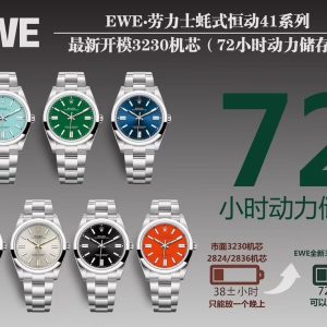 EWE2024 New Rolex Oyster Perpetual 41 Series 1⃣️ Features Rolex's new 3230 movement; 2⃣️ Matches original thickness at 12mm; 41mm case diameter; 3⃣️ Polished index markers; Premium Swiss ice-blue luminescent material, identical to Rolex factory luminescence;4⃣️ Super 904 steel construction; Sapphire crystal; 5⃣️ Premium craftsmanship ensures each bracelet link seamlessly aligns with lugs for ultimate wrist comfort; Every meticulous detail reflects EWE Factory's dedicated development and sincerity!!