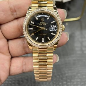 CBD Rolex Day-Date / 40mm Black Ice Sugar Custom Edition with Large Moissanite Bezel ➕ 18K Gold-Plated Case / Seagull 3255 Automatic Mechanical Movement / Super Weighted 207g