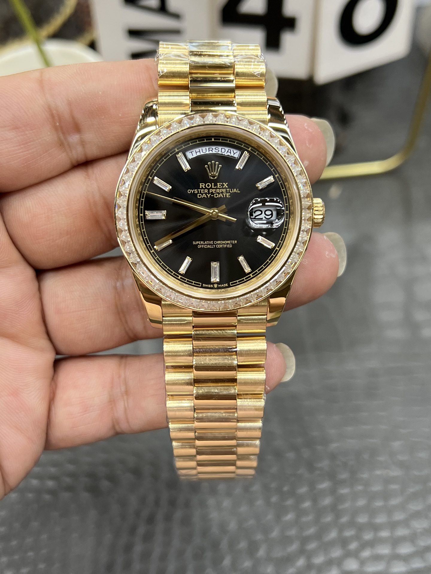 CBD Rolex Day-Date / 40mm Black Ice Sugar Custom Edition with Large Moissanite Bezel ➕ 18K Gold-Plated Case / Seagull 3255 Automatic Mechanical Movement / Super Weighted 207g