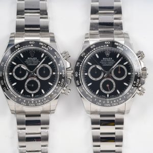 C Factory's New 4131 Model, C Factory's New Daytona Model, Detailed Authenticity Comparison, Natural Light Comparison 126500 Black Key points highlighted in image comparisons: The three silver inner rings on the dial—the most significant update in the 4131—now feature an additional bright ring along their edges. Clean executes this flawlessly, capturing both the angle and luminosity perfectly.However, regarding the silver-gray rings, I personally feel the underlying texture isn't quite as refined as the genuine article, though this is imperceptible to the naked eye. See the natural light comparison for specifics.Other components: Index markers and luminous paint are also well executed. / PS: As mentioned earlier, the genuine 4131 later models feature cylindrical tube heads on the hands. However, examining the four genuine watches provided by Clean, we identified several issues: inconsistencies in the roundness of the index markers, and the use of older conical tube heads on the hands. This suggests Rolex may be clearing out 4130 inventory.Case and bracelet comparisons are also shown; overall appearance remains largely consistent. Despite extremely tight deadlines, Clean procured five genuine pieces immediately. Reportedly, the watches' intrinsic value has depreciated by over $100,000—excluding disassembled watches and damaged components. Having meticulously examined both genuine and replica physical specimens and conducted photographic comparisons, I personally consider this an exceptional creative endeavor.The decision to use the SH4131 involves complex considerations, but I hope everyone understands that "SH" does not equate to low-end quality. Similarly, Clean never compromises on procurement costs to maximize profits. Clean informed me that the procurement cost for the SH4131 movement was no lower than that of the DD4130. Lighting conditions may have affected the photos. I will attach natural light shots for reference, which I believe should be considered the definitive images.