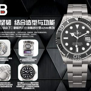 B Factory's new Rolex Yacht-Master 42mm series features a case with robust physical properties, enhanced pressure resistance, corrosion resistance, and scratch resistance. The high-intensity brushed finish achieves a superior hardness level, ensuring minimal wear with long-term wear.The top edges of the middle case lugs feature chamfered corners matching the consistent metallic luster, showcasing perfection in subtle details. The bezel retains the Yacht-Master's signature matte black Cerachrom ceramic insert with polished raised numerals and markers. The ceramic molded insert features minute graduations for the first 15 minutes, enabling more precise timing. The bracelet features an upgraded sandblasted finish on the clasp with laser-engraved black codes.Distinctive satin-brushed textures are visible along the edges of the bracelet links and the sides of the clasp cover. Crafted entirely from Grade 5 titanium alloy, it offers lightweight properties and corrosion resistance. Powered by the Asian Super 3235 movement, it features a fully jeweled rotor with 72 jewels and a date correction function. Boasting an impressive 72-hour power reserve, this watch represents a top-tier configuration, achieving peak performance from the outset. We invite watch enthusiasts to appreciate its excellence!