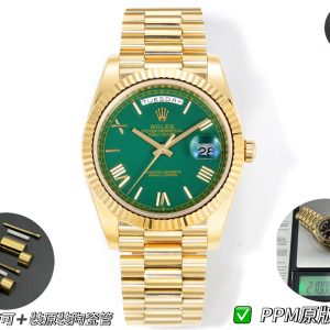 PPM Mods Weighted DD - Ceiling-Level 'Rolex DD Day-Date' PPM's replica redefines the weighted DD version, featuring genuine original molds for strap color, dial color, watch weight, and thickness. The strap incorporates ceramic tubes compatible with authentic models—this is not a compromised replica, but a comprehensive leap in materials and craftsmanship!Rejecting "market-grade imitations," every gram of weight (precise 209g-212g) and every millimeter of thickness fights for the dignity of the original. Bracelet: Authentic 3mm thickness Weight: Approx. 107g (non-extended) 🈚 Ceramic tube version ±1-2g.Case: Original thickness: 12.3mm (non-thickened) Weight: Original 3255: 102g; Optional 2836: ±1g. Overall weight for entire series: 209g-212g. ⚠️"Excludes diamond-set models." Authentic thickness achieved through monolithic forging of high-density aerospace-grade military alloy, with hardness rivaling 18K gold!Exclusive vacuum ion-plated gold technology delivers a luster infinitely close to 18K gold's signature warm texture, offering scratch resistance and durability. Precisely replicates every link's shape, thickness, and curvature of the authentic bracelet. Dial: Features genuine three-dimensional ink, matching the top-tier dial craftsmanship of the original factory. Sharp hands, full hour markers, and uniform luminescence.Movement options: Premium Edition 2836 or 3255 integrated movement (±72-hour power reserve) available for your selection!
