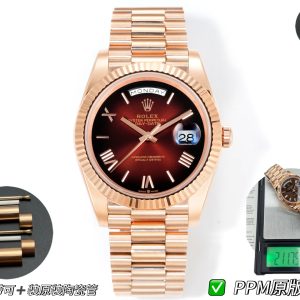 PPM Mods Weighted DD - Ceiling-Level 'Rolex DD Day-Date' PPM's replica redefines the weighted DD version, featuring genuine original molds for strap color, dial color, watch weight, and thickness. The strap incorporates ceramic tubes compatible with authentic models—this is not a compromised replica, but a comprehensive leap in materials and craftsmanship!Rejecting "market-grade" imitations, every gram of weight (precise 209g-212g) and every millimeter of thickness fights for the dignity of the original. Bracelet: Authentic 3mm thickness Weight: Approx. 107g (non-extended) 🈚 Ceramic tube version ±1-2g.Case: Original thickness: 12.3mm (non-thickened) Weight: Original 3255: 102g; Optional 2836: ±1g. Full series total weight: 209g-212g. ⚠️"Excludes diamond-set models." Authentic thickness achieved through monolithic forging of high-density aerospace-grade military alloy, hardness rivaling 18K gold!Exclusive vacuum ion-plated gold technology delivers a luster infinitely close to 18K gold's signature warm texture, offering scratch resistance and durability. Precisely replicates every link's shape, thickness, and curvature of the genuine strap. Dial: Features original 3D ink, matching the top-tier dial craftsmanship of the factory. Sharp hands, full hour markers, and uniform luminescence.Movement options: Premium Edition 2836 or 3255 integrated movement (±72-hour power reserve) available for your selection!