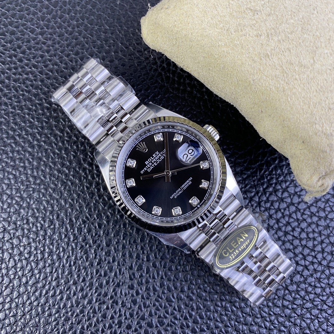 Clean Factory/C Factory Rolex 126234 36mm Datejust Diamond-Set Model Now Shipping Good news for those with smaller wrists! This release features the 36mm Datejust, a perfect 1:1 replica molded with the 3235 movement. For the first time, it comes in blue/black/green/white Roman numeral dials—all authentic replica molds. It maintains the same quality as the 41mm Datejust previously launched by C Factory.A series of authenticity comparisons will follow. For the green dial's color reference, see the 41mm green model comparison. The case and bracelet remain crafted from 904L stainless steel. The highly anticipated palm leaf strap variant will be released soon—stay tuned! - Image 9