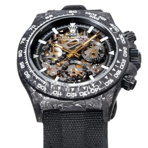 Alternative view of TW Factory ROLEX Cosmograph Daytona Carbon Fiber Custom Edition. This timepiece offers lightweight comfort while maintaining a robust exterior. Each watch features a uniquely patterned carbon fiber material. 【Case】 Dimensions of 40x12.4mm perfectly match the original. TW Factory masterfully crafts the distinctive character of carbon fiber Rolex watches.Exclusively in the market, the entire case, bezel, and caseback are crafted from high-composite carbon fiber and ultra-bright luminous powder. Details undergo hand-polished chamfering for exceptional texture. 【Bracelet Clasp】The strap features a hand-woven synthetic fiber band, offering breathable comfort and soft texture. 【Movement】Equipped with the latest precise and mature 4802 movement, it perfectly delivers powerful functionality—the ultimate value for money!!!