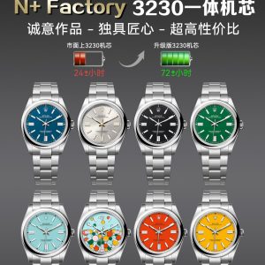 『N+ Factory』Oyster Perpetual Series 41mm 3230 integrated movement / 36mm 3230 integrated movement / 31mm featuring 2232 integrated movement (All N+ Oyster Perpetual models lack calendar aperture ✓) 41mm/36mm/31mm Rolex Oyster Perpetual with beveled, chamfered edges and faceted lugsMeticulously crafted details. Movement: 41mm/36mm equipped with 3230 integrated movement (no date aperture gap). 31mm features 2232 integrated movement, both without date aperture gaps. Dial color matches authentic models perfectly. Beveled lugs meticulously polished. Dial employs industry-leading printing technology. Authentic-match ultra-dimensional hands with no burrs. 9 authentic-color dials available!Top-tier craftsmanship, exceptional quality. N+'s pursuit of detail is widely recognized. The logo on the clasp represents a significant breakthrough in craftsmanship: CNC engraved with precise shape and a glossy finish on the inner side.The luminous powder uses the original SL blue, so it comes with the characteristic roughness and black specks. Watch enthusiasts who have played with or seen it before should be quite familiar with this. This is already a unique attribute of Rolex. N+ Factory, every extreme detail is the sincere dedication of the factory's craftsmanship!!