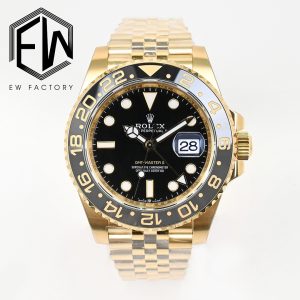 EW【2023 Masterpiece】Rolex GMT-Master II 40 Series ① Features the 3285 movement, enabling independent hour hand adjustment and date correction via hour hand reset, fully replicating all original functions with stable, reliable performance; ② Bezel: High-tech monobloc ceramic bezel with gold lettering; ③ Case: Dimensions and thickness identical to the original, with a thickness of only 12mm; ④ Dial:Premium Swiss ice-blue luminescent paint, polished hour markers, authentic color matching; ⑤ Crystal: Sapphire crystal with 2.5x magnifier effect, crystal-clear transparency; ⑥ Bracelet: 904L stainless steel bracelet, new five-link clasp design, all components electroplated with thick gold, no exposed metal on sides; EW production guarantees premium quality—every meticulous detail reflects EW Factory's dedication to craftsmanship.