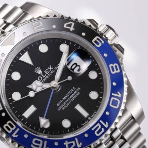 Alternative view of Rolex GMT-Master II Red Bezel and Blue-Black Bezel Upgraded Edition. Crafted from authentic 904L steel, featuring an integrated ceramic bezel matching the genuine model. 40mm case, 904L steel case and bracelet, sapphire crystal, super luminous hands, ceramic rotating bezel, original folding clasp.