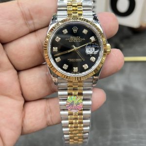 Rolex Datejust Series / 36mm Two-Tone Case with Black Diamond Dial / Powered by Shanghai 2824 Automatic Mechanical Movement
