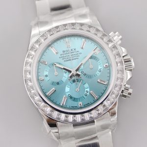 Alternative view of Rolex Daytona Ice Blue: Featuring ice-blue hour markers, it retains robust chronograph functionality powered by the 7750 movement. The watch is fitted with a folding clasp, also crafted from 904L steel, and includes a micro-adjustment mechanism for a perfectly snug fit on the wrist.