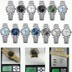 PPM Mods Weighted DD - Ceiling-Level 'Rolex DD Day-Date' PPM's replica redefines the weighted DD version, featuring genuine original molds for strap color, dial color, watch weight, and thickness. The strap incorporates ceramic tubes compatible with authentic models—this is not a compromised replica, but a comprehensive leap in materials and craftsmanship!Rejecting "market-grade" imitations, every gram of weight (precise 209g-212g) and every millimeter of thickness fights for the dignity of the original. Bracelet: Authentic 3mm thickness Weight: Approx. 107g (non-extended) 🈚 Ceramic tube version ±1-2g.Case: Original thickness: 12.3mm (non-thickened) Weight: Original 3255: 102g; Optional 2836: ±1g. Full series total weight: 209g-212g. ⚠️"Excludes diamond bezel models." Authentic thickness achieved through monolithic forging of high-density aerospace-grade military alloy, hardness rivaling 18K gold!Exclusive vacuum ion-plated gold technology delivers a luster infinitely close to 18K gold's signature warm texture, offering scratch resistance and durability. Precisely replicates every link's form, thickness, and curvature of the genuine strap. Dial: Features original-grade raised ink, matching the top-tier dial craftsmanship of the factory. Sharp hands, full hour markers, and uniform luminescence.Movement options: Premium Edition 2836 or 3255 integrated movement (±72-hour power reserve) available for your selection!