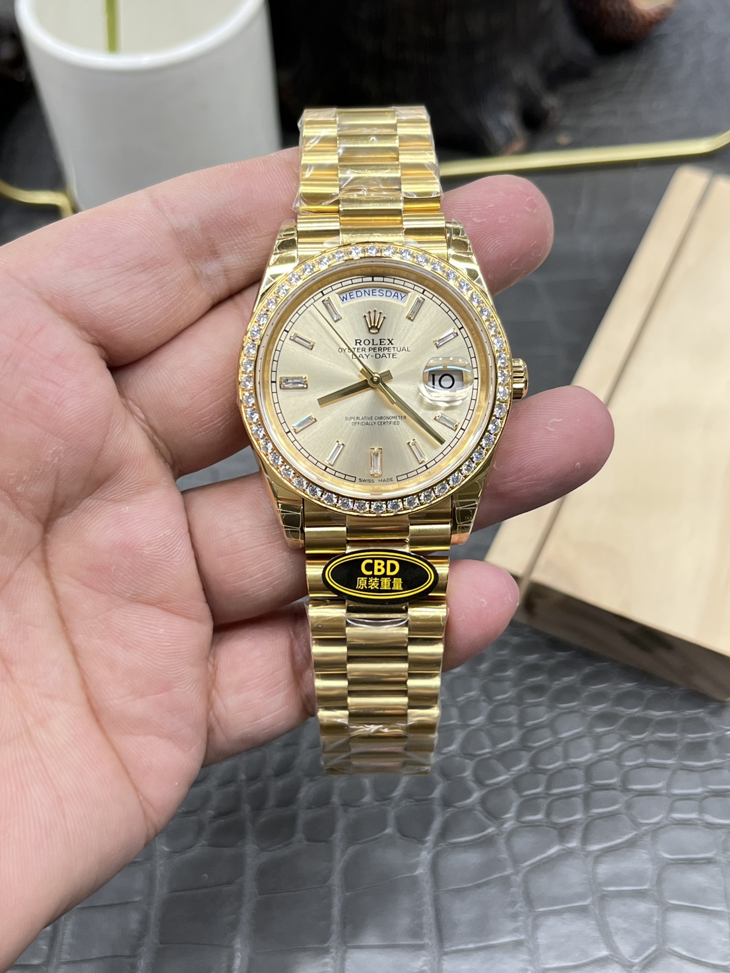 CBD Rolex Day-Date / 40mm Yellow Ice Sugar-Coated Moissanite Bezel / Seagull 3255 Fully Automatic Mechanical Movement / Super Weighted 209g