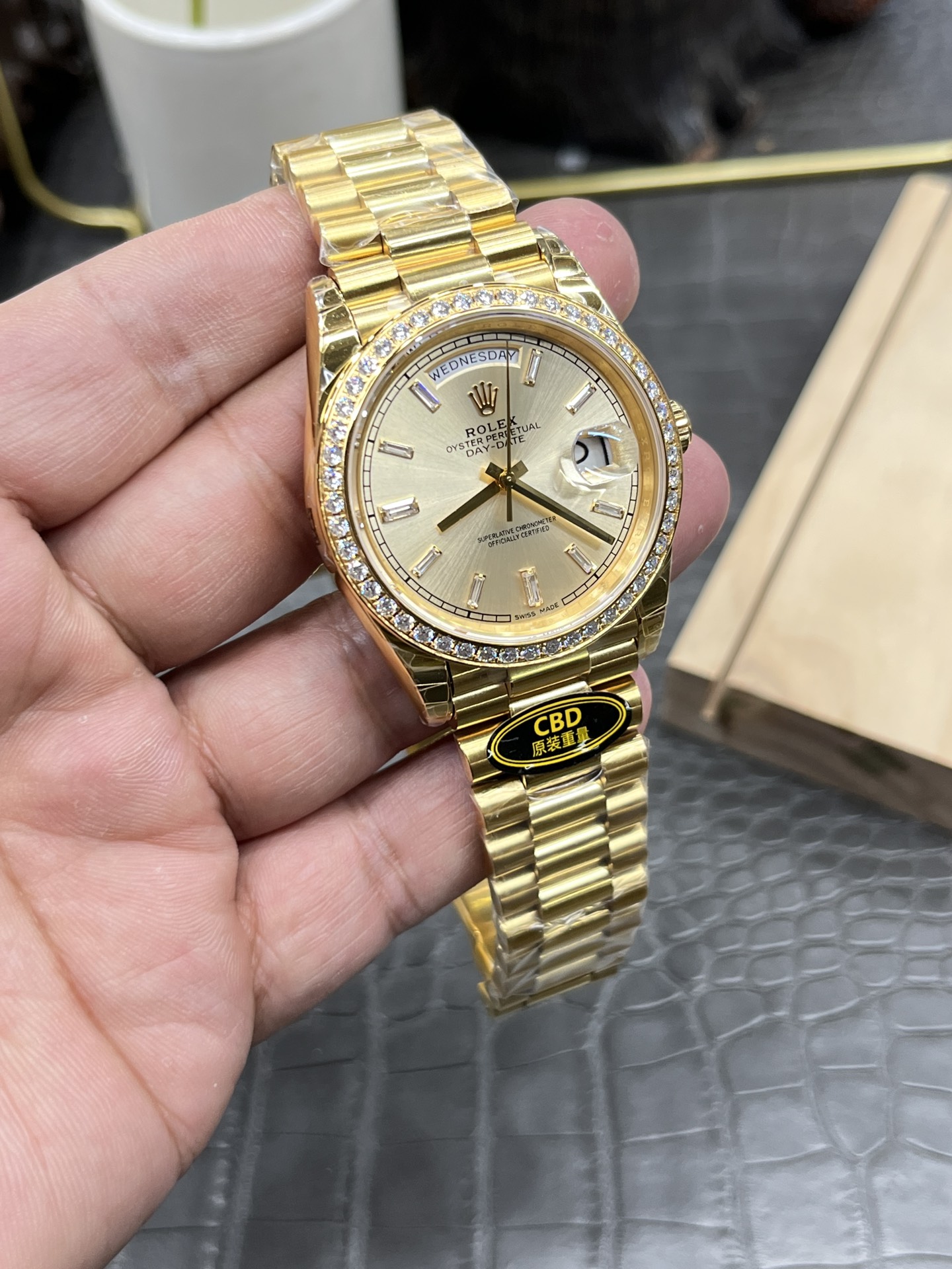CBD Rolex Day-Date / 40mm Yellow Ice Sugar-Coated Moissanite Bezel / Seagull 3255 Fully Automatic Mechanical Movement / Super Weighted 209g - Image 4