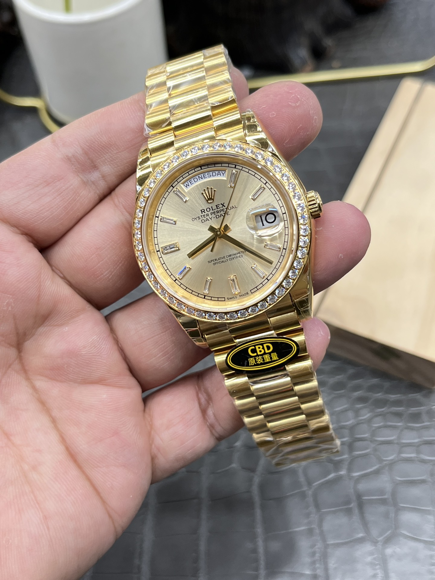 CBD Rolex Day-Date / 40mm Yellow Ice Sugar-Coated Moissanite Bezel / Seagull 3255 Fully Automatic Mechanical Movement / Super Weighted 209g - Image 5