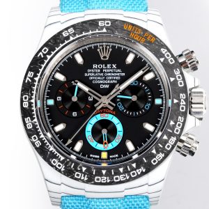 Alternative view of TW Factory ROLEX Cosmograph Daytona Carbon Fiber Custom Edition. This timepiece offers lightweight comfort while maintaining a robust exterior. Each watch features a uniquely patterned carbon fiber material. 【Case】 Dimensions of 40x12.4mm perfectly match the original. TW Factory masterfully crafts the distinctive character of carbon fiber Rolex watches.Exclusively in the market, the entire case, bezel, and caseback are crafted from high-composite carbon fiber and ultra-bright luminous powder. Details undergo hand-finished chamfering and polishing for exceptional texture. 【Bracelet Clasp】The strap features a hand-woven synthetic fiber band, offering breathable comfort and soft texture. 【Movement】Equipped with the latest precise and mature Shanghai 4130 movement, it perfectly delivers powerful functionality—the ultimate value for money!!!