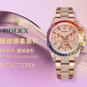 MS Factory Soars Over the Rainbow's Peak---Rolex Rainbow Bezel Daytona Platinum Eye Cal.7750 Mechanical Chronograph,The "Second-Generation Rainbow Daytona" features a case and bracelet crafted from 316L stainless steel, meticulously CNC-machined throughout for every detail before undergoing manual finishing. Polishing and quality control ensure exquisite workmanship. The bezel angles, gemstone size, quantity, and color perfectly replicate the rainbow gradient effect seen in official boutiques.The crystal employs sapphire for crystal-clear transparency. Powered by the 7750 fully automatic mechanical chronograph movement, it offers two strap options: a hand-set diamond-studded solid steel bracelet OR an imported fluoroelastomer strap. Equipped with an Oysterlock safety clasp to prevent accidental opening, it ensures comfortable wear and effortless operation!The most striking feature of this timepiece is undoubtedly the rainbow-hued gemstones on the bezel and the twelve colored diamond hour markers on the dial. Their gradient hues perfectly complement each other, radiating vibrant colors like red, orange, yellow, green, blue, and purple—adding a touch of enchanting, ever-changing brilliance. Rolex meticulously selected these exquisite, delicate gemstones and artfully combined them, bestowing the watch with a truly extraordinary radiance.
