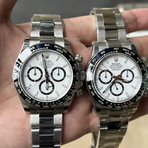 Alternative view of 4131 Panda Natural Light Comparison vs. C Factory's New 4131 Daytona C Factory Panda Daytona Authenticity Comparison Detailed Analysis 126500 White Dial We've previously discussed white dials on the 116500. Of course, genuine watches also feature multiple versions, such as cool white and warm white.This time, the authentic 126500 features a color between warm and cool white, and Clean's reproduction of this shade is also excellent.Other elements like hour markers and luminescence are also well executed. /PS: As mentioned earlier, the genuine 4131 later changed the tube heads of the hands to a cylindrical shape. However, among the four genuine watches provided by Clean, we identified several issues: differences in the roundness of the hour markers, and the use of older conical tube heads on the hands. This suggests Rolex may be clearing out its 4130 inventory.Case and bracelet comparisons are also shown in the images, with minimal overall aesthetic differences. Despite the extremely tight timeline, Clean procured five genuine pieces immediately. Reportedly, the watches themselves have depreciated by over $100,000 USD—excluding disassembled watches and damaged components. Having meticulously examined both genuine and replica physical pieces and conducted photographic comparisons, I personally consider this an exceptional creation.The decision to use the SH4131 involves complex considerations, but I hope everyone understands that "SH" does not equate to low-end quality. Similarly, Clean never compromises on procurement costs to maximize profits. Clean informed me that the procurement cost for the SH4131 movement was no lower than that of the DD4130. Lighting conditions may have affected the photos. I will attach natural light shots for reference, which I believe should be considered the definitive images.