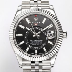 【Factory2022 Masterpiece】Upgraded Rolex Sky-Dweller!Stunning Details: 【Case】42mm diameter, exuding steadfast reliability and regal elegance! Bezel features Rolex Ring Command triangular grooves, with rotating outer ring for month adjustment! Scratch-resistant sapphire crystal, anti-reflective convex magnified date window. 【Bracelet】Oystersteel!Triple-link bracelet with Oysterlock clasp and 5mm Easylink extension system. 【Dial】Sunburst finish with red dot month indicator at 12 o'clock. 【Movement】Powered by the automatic mechanical 9001 caliber! 【Functions】Date display / Month display / Annual calendar / Dual time zone! A Factory masterpiece—truly yours to own!
