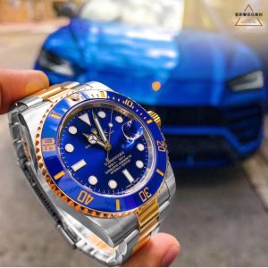 The Rolex Blue and Gold Submariner. Unlike the all-gold Rolex, the two-tone blue and gold Submariner isn't as flashy, yet it possesses a unique charm all its own.