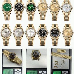 PPM Mods Weighted DD - Ceiling-Level 'Rolex DD Day-Date' PPM's replica redefines the weighted DD version, featuring genuine original molds for bracelet color, dial color, watch weight, and thickness. The bracelet incorporates ceramic tubes compatible with authentic models—this is no compromise replica, but a comprehensive leap in materials and craftsmanship!Rejecting "market-grade" imitations, every gram of weight (precise 209g-212g) and every millimeter of thickness fights for the dignity of the original. Bracelet: Authentic 3mm thickness Weight: Approx. 107g (non-extended) 🈚 Ceramic tube version ±1-2g.Case: Original thickness: 12.3mm (non-thickened) Weight: Original 3255: 102g; Optional 2836: ±1g. Full series total weight: 209g-212g. ⚠️"Excludes diamond bezel models." Authentic thickness achieved through monolithic forging of high-density aerospace-grade military alloy, hardness rivaling 18K gold!Exclusive vacuum ion-plated gold technology delivers a luster infinitely close to 18K gold's signature warm texture, offering scratch resistance and durability. Precisely replicates every link's shape, thickness, and curvature of the genuine strap. Dial: Features original-grade raised ink, matching the top-tier dial craftsmanship of the factory. Sharp hands, full hour markers, and uniform luminescence.Movement options: Premium Edition 2836 or 3255 integrated movement (±72-hour power reserve) available for your selection!