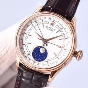 Alternative view of Rolex Cellini 50535 Moonphase Watch, the ultimate version featuring a natural meteorite moonphase. Crafted entirely in rose gold with red gold technology. Achieves the same thickness standard as gold-plated models. Equipped with an exclusive custom movement, replicating all functions of the original. The hour hand can be adjusted independently to set the calendar. A button at the 8 o'clock position adjusts the moonphase. The meteorite used in the moonphase display is authentic.Dimensions: 39×11.8 mm Deep brown Italian calf leather strap recreates the distinctive broad-bladed sword cut design, complete with a dedicated moon phase adjustment tool.