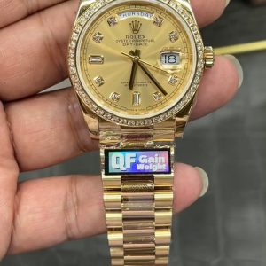 QF Rolex Day-Date Series / 36mm Solid Gold Diamond Bezel Yellow Ice Sugar Weighted Edition 156g / Powered by Seagull 2836 Automatic Mechanical Movement