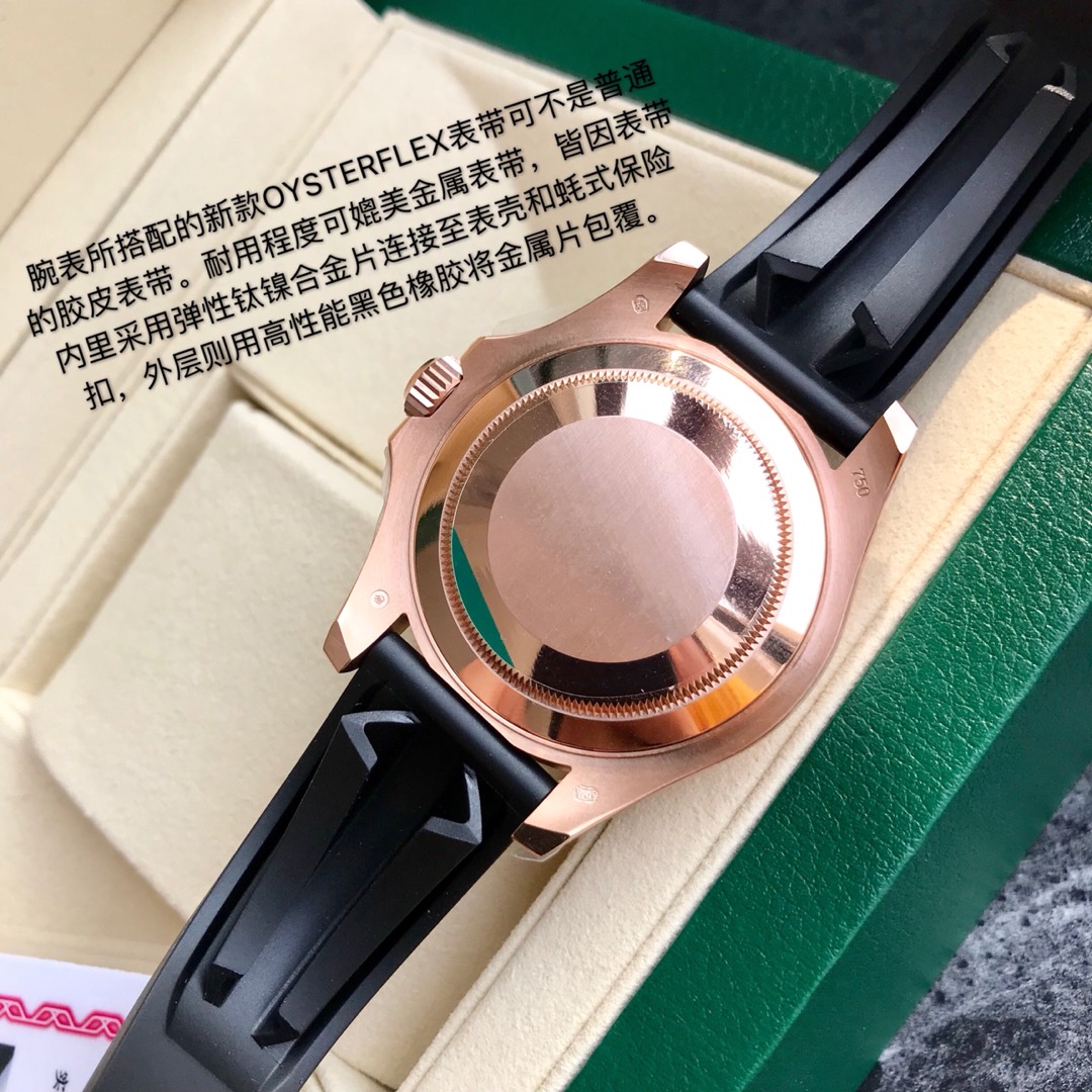 Rolex, sweetie! We've replaced the colored diamonds on the case with Swarovski crystals—the effect rivals the original! A truly gold watch has arrived! Fully plated in 18k rose gold! When it comes to the most popular model in the Yacht-Master series, it's undoubtedly the 116655 with Oysterflex bracelet—commonly known as the "Gold Yacht-Master."This watch boasts a luxurious design featuring an 18k rose gold case and a Cerachrom black ceramic bezel, making it highly appealing. The 40mm dial includes a magnified date window for easy reading.The patented Oysterflex bracelet incorporates elastic titanium-nickel alloy links internally, connecting to the case and Oysterlock clasp, while externally wrapped in high-performance black rubber. This superior texture ensures exceptional comfort. Rolex's reputation as a "timeless investment" stems not only from its durability and remarkable value retention but also its industry-leading precision.This Yacht-Master is powered by a genuine Swiss ETA movement, backed by a lifetime warranty! Rolex's iconic design and masterful craftsmanship are highly sought after in the market. The Yacht-Master represents a premium sports watch category, with an official retail price in China reaching 195,100 yuan.True to its Yacht-Master name, it exudes a sense of distinguished prestige. Includes an extra rubber strap! Shipped with full packaging! - Image 7